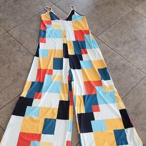 VENUS...Wide-Leg Geometric Print Jumpsuit in Yellow, Blue & Red